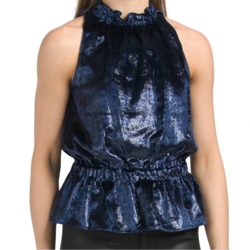 NEW NWT Ramy Brook‎ Lonny Top in Navy High Ruffle Neck Metallic Glitter